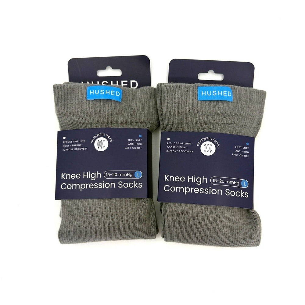 2 Pair HUSHED Compression Socks 15-20 mmHg Large Grey Eucalyptus Knee High